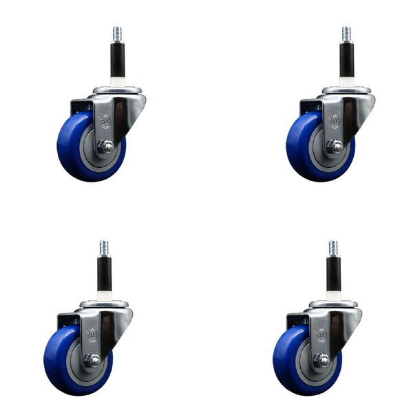 3'' Blue Poly Wheel Swivel 7/8'' Expanding Stem Caster Set, 4PK